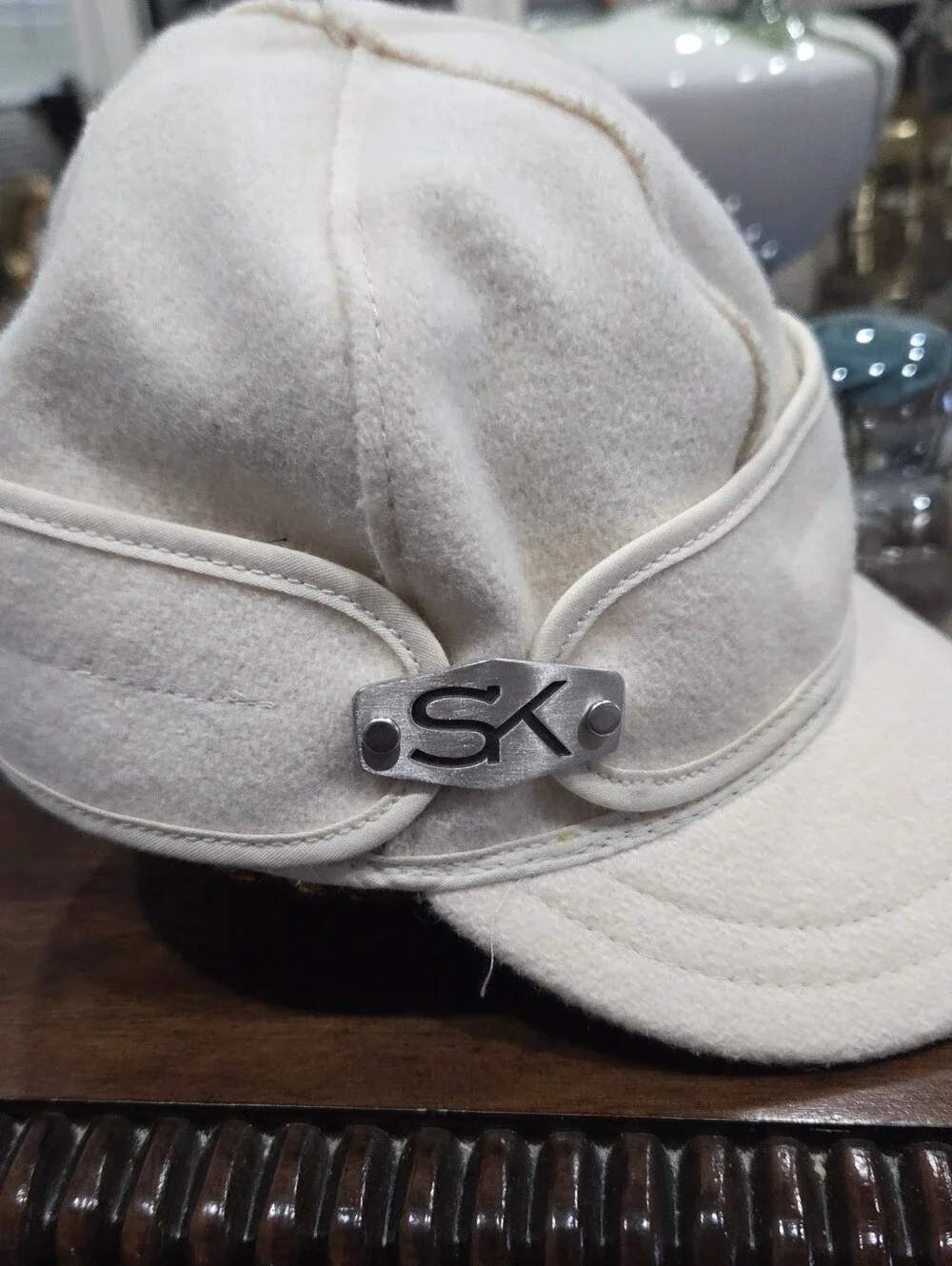 Vintage Stormy Fronee  Women’s Cream Wool Cap with Decorative Metal Tag